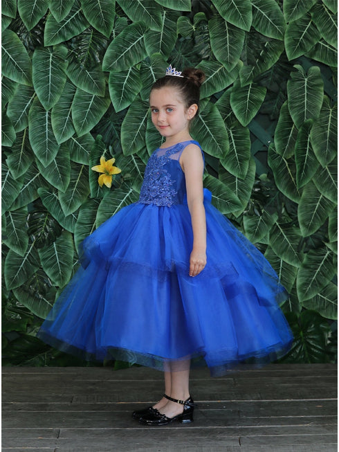 Big Girls Royal Blue Illusion Neckline Lace Organza Junior Bridesmaid Dress 8-16 - SophiasStyle.com