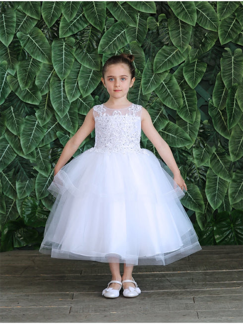 Little Girls White Illusion Neckline Lace Organza Flower Girl Dress 2-6 - SophiasStyle.com