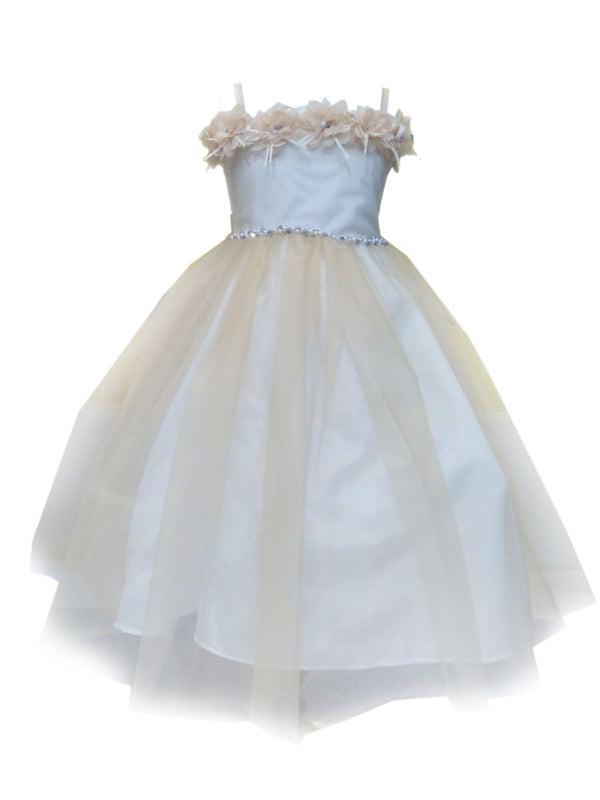 Big Girls Champagne Floral Off Shoulder Tulle Junior Bridesmaid Dress 8-16 - SophiasStyle.com