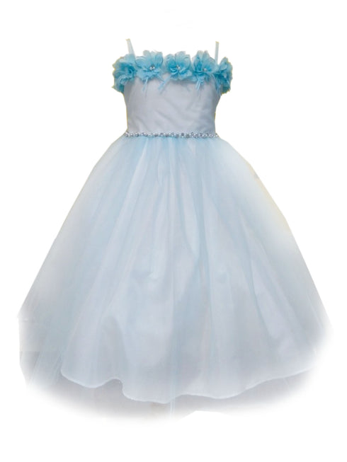 Little Girls Bahama Blue Floral Off Shoulder Tulle Flower Girl Dress 2-6 - SophiasStyle.com