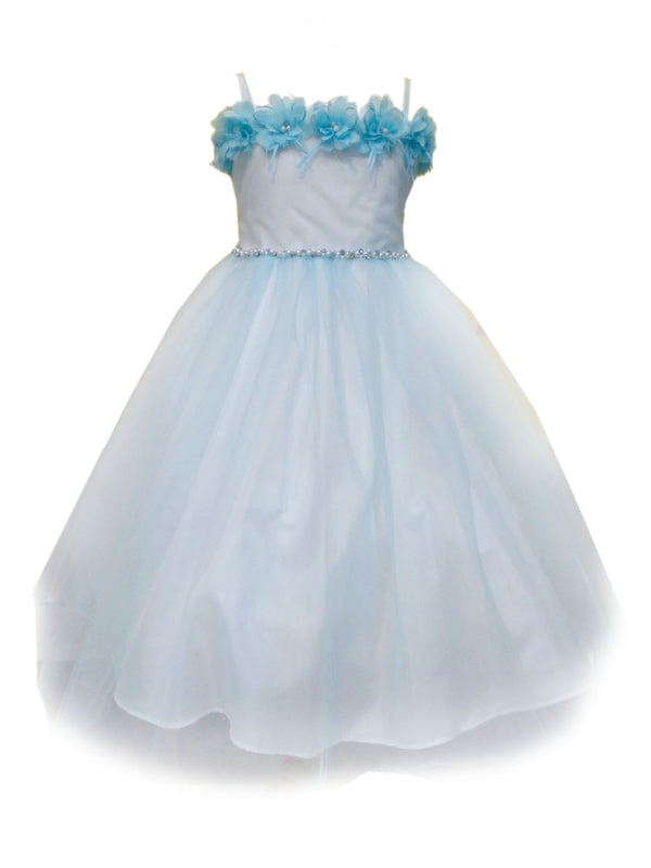 Big Girls Bahama Blue Floral Off Shoulder Tulle Junior Bridesmaid Dress 8-16 - SophiasStyle.com