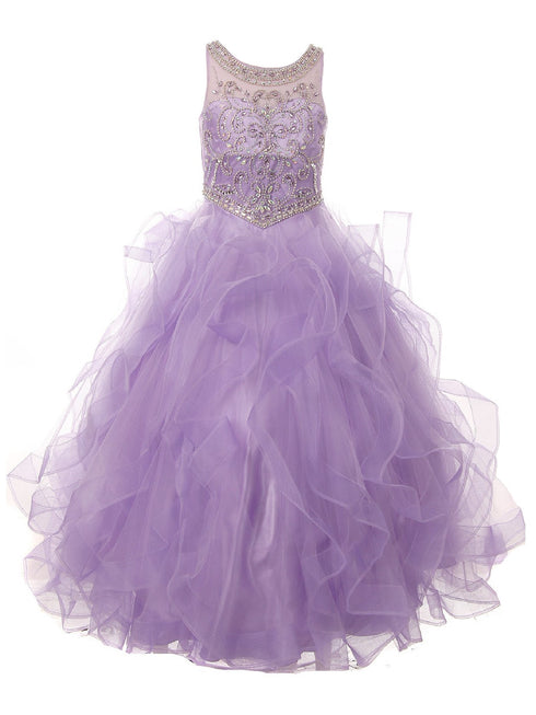 Big Girls Lilac Ocean Waves Rhinestone Scoop Neck Pageant Dress 8-16 - SophiasStyle.com
