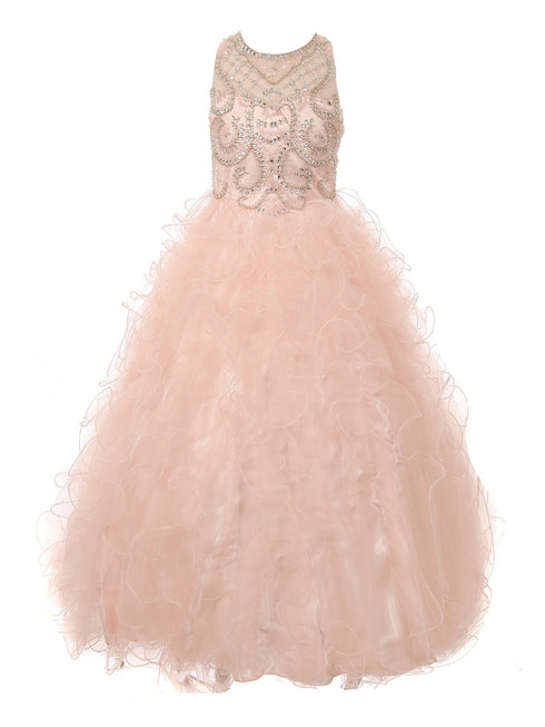 Big Girls Blush Ruffles Rhinestone Illusion Neck Pageant Dress 8-16 - SophiasStyle.com