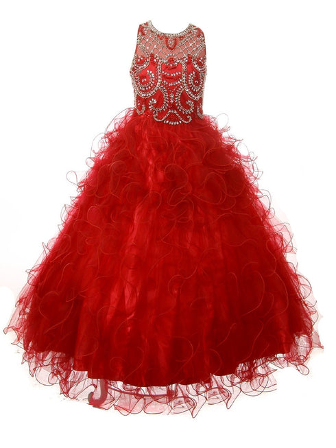 Big Girls Burgundy Ruffles Rhinestone Illusion Neck Pageant Dress 8-16 - SophiasStyle.com