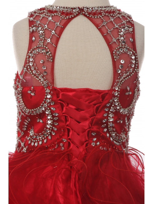 Big Girls Burgundy Ruffles Rhinestone Illusion Neck Pageant Dress 8-16 - SophiasStyle.com