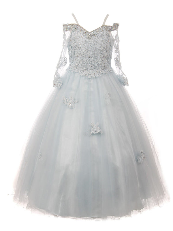 Little Girls Blue Off Shoulder Long Sleeve Rhinestone Pageant Dress 2-6 - SophiasStyle.com