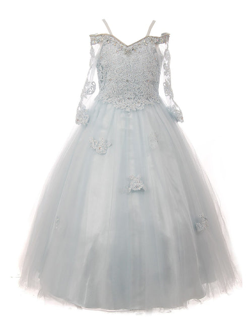 Big Girls Blue Off Shoulder Long Sleeve Rhinestone Pageant Dress 8-16 - SophiasStyle.com
