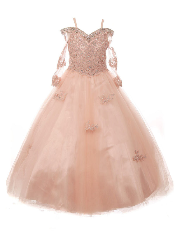 Big Girls Blush Off Shoulder Long Sleeve Rhinestone  Pageant Dress 8-16 - SophiasStyle.com