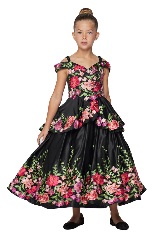 Cinderella Couture Little Girls Black Floral Embroidery Ball Gown 2-6 - SophiasStyle.com
