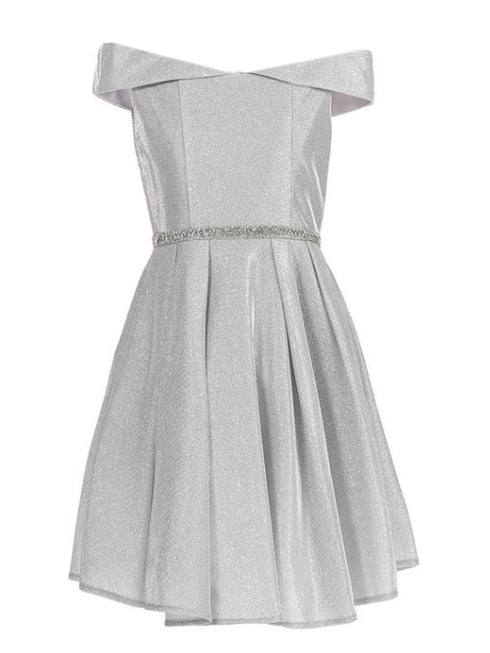 Little Girls Silver Glitter Metallic Off Shoulder Junior Bridesmaid Dress 4-6 - SophiasStyle.com