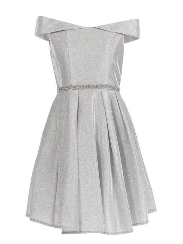 Little Girls Silver Glitter Metallic Off Shoulder Junior Bridesmaid Dress 4-6 - SophiasStyle.com