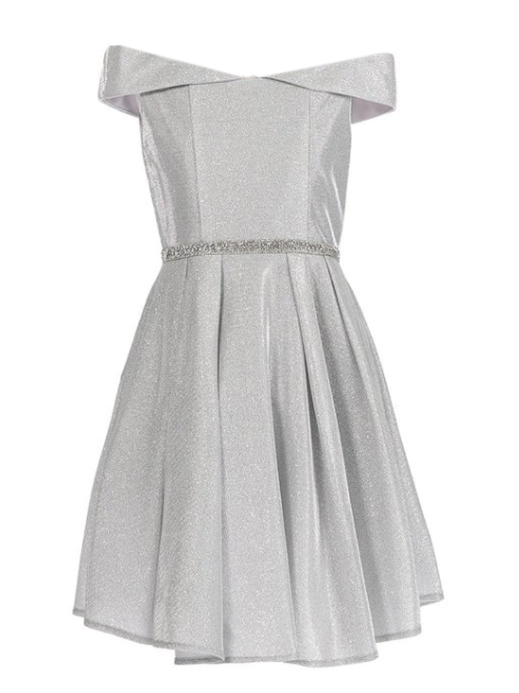 Big Girls Silver Glitter Metallic Off Shoulder Junior Bridesmaid Dress
