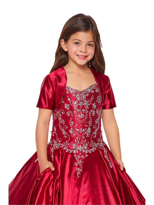 Little Girls Burgundy Cap Shoulder Rhinestone Beaded Fringe Ball Gown 2-6 - SophiasStyle.com