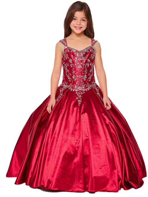 Big Girls Burgundy Cap Shoulder Rhinestone Beaded Fringe Ball Gown 8-16 - SophiasStyle.com