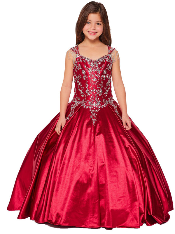 Big Girls Burgundy Cap Shoulder Rhinestone Beaded Fringe Ball Gown 8-16 - SophiasStyle.com