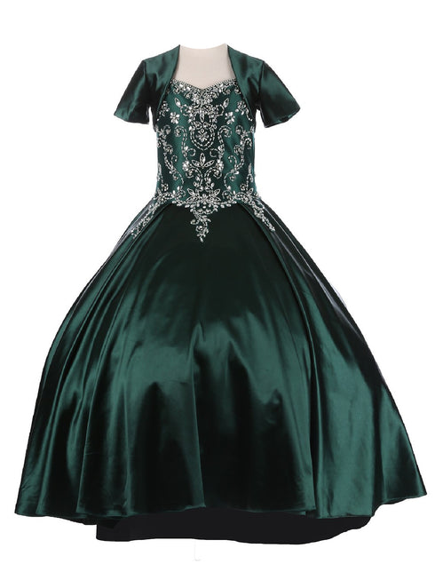 Big Girls Hunter Green Cap Shoulder Rhinestone Beaded Fringe Ball Gown 8-16 - SophiasStyle.com