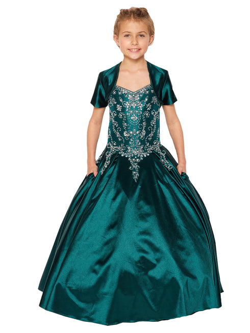 Little Girls Hunter Green Cap Shoulder Rhinestone Beaded Fringe Ball Gown 2-6 - SophiasStyle.com