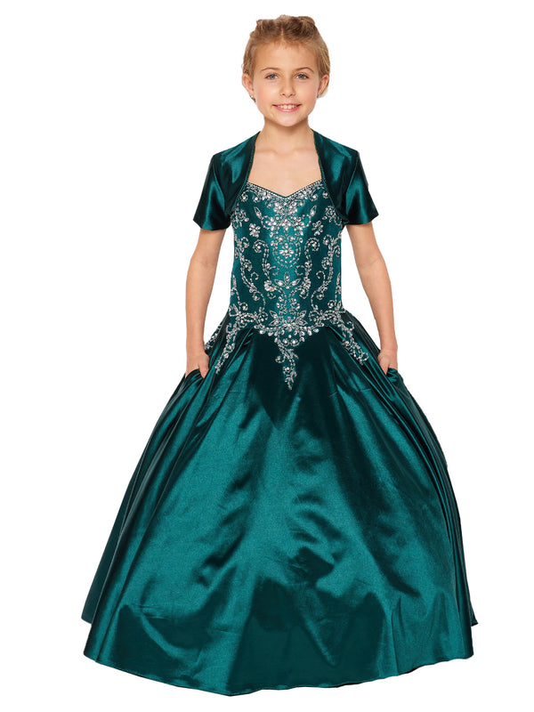 Big Girls Hunter Green Cap Shoulder Rhinestone Beaded Fringe Ball Gown 8-16 - SophiasStyle.com
