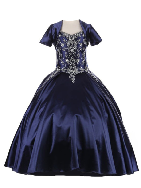 Little Girls Navy Cap Shoulder Rhinestone Beaded Fringe Ball Gown 2-6 - SophiasStyle.com