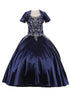 Little Girls Navy Cap Shoulder Rhinestone Beaded Fringe Ball Gown 2-6 - SophiasStyle.com