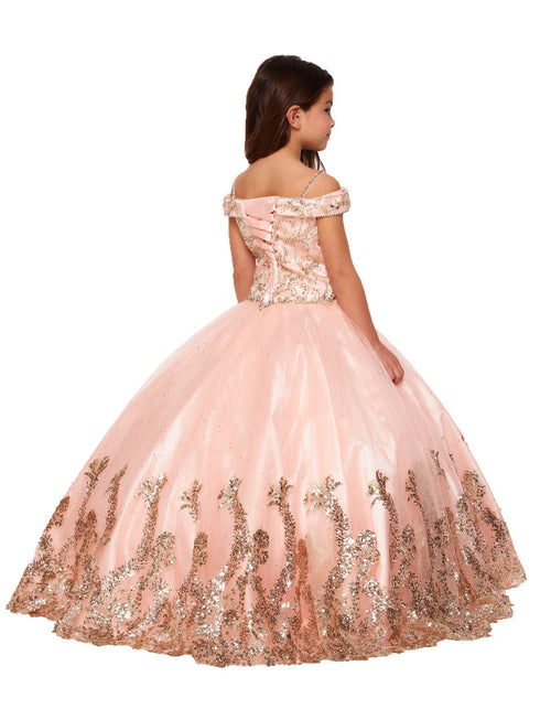 Big Girls Blush Off Shoulder Rhinestone Sweep Train Glitter Mesh Ball Gown 8-16 - SophiasStyle.com