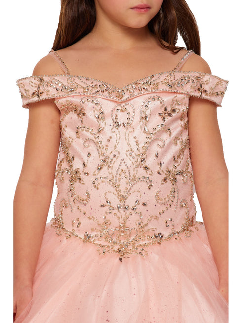 Big Girls Blush Off Shoulder Rhinestone Sweep Train Glitter Mesh Ball Gown 8-16 - SophiasStyle.com