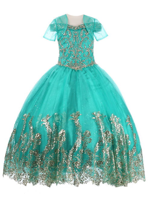 Big Girls Jade Off Shoulder Rhinestone Sweep Train Glitter Mesh Ball Gown 8-16 - SophiasStyle.com