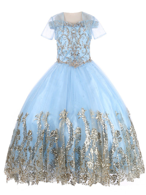 Little Girls Blue Off Shoulder Rhinestone Sweep Train Glitter Mesh Ball Gown 2-6 - SophiasStyle.com