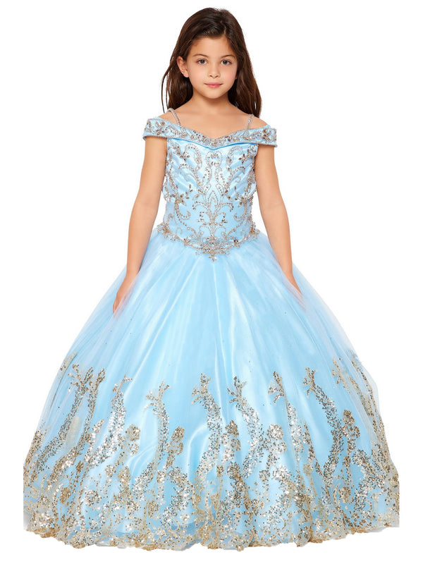 Big Girls Blue Off Shoulder Rhinestone Sweep Train Glitter Mesh Ball Gown 8-16 - SophiasStyle.com