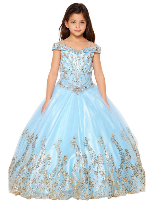 Little Girls Blue Off Shoulder Rhinestone Sweep Train Glitter Mesh Ball Gown 2-6 - SophiasStyle.com