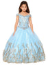 Little Girls Blue Off Shoulder Rhinestone Sweep Train Glitter Mesh Ball Gown 2-6 - SophiasStyle.com
