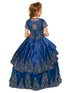 Little Girls Navy Metallic Coiled Embroidered Stone Flower Girl Dress 2-6 - SophiasStyle.com