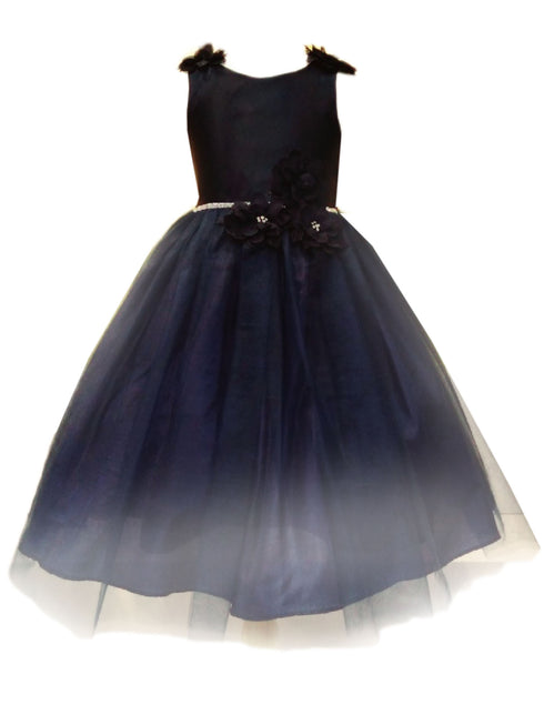 Big Girls Navy Beaded Flower Appliques Tulle Junior Bridesmaid Dress 8-16 - SophiasStyle.com