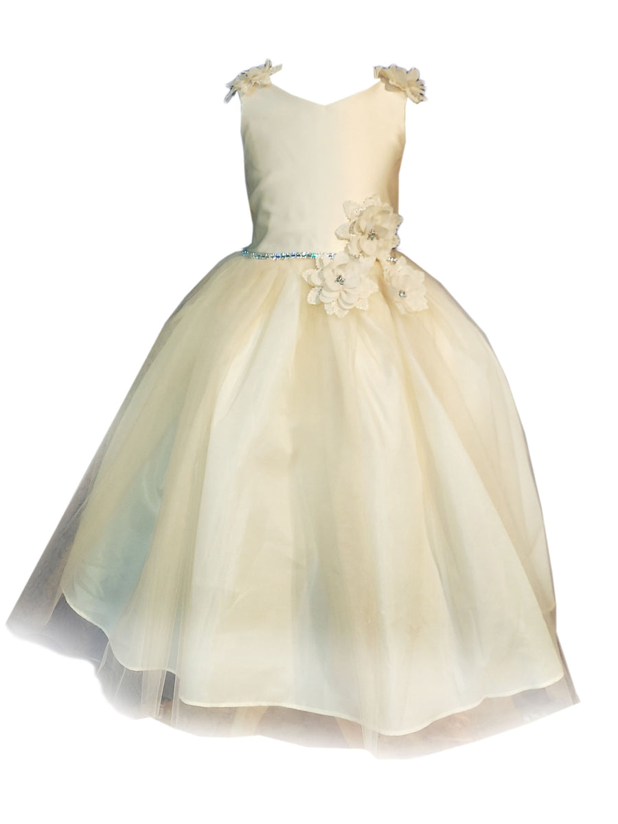 Little Girls Champagne Beaded Flower Appliques Tulle Flower Girl Dress 6