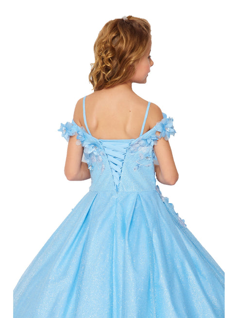 Bliss Little Girls Blue 3D Floral Applique Off Shoulder Ball Gown 2-6 - SophiasStyle.com