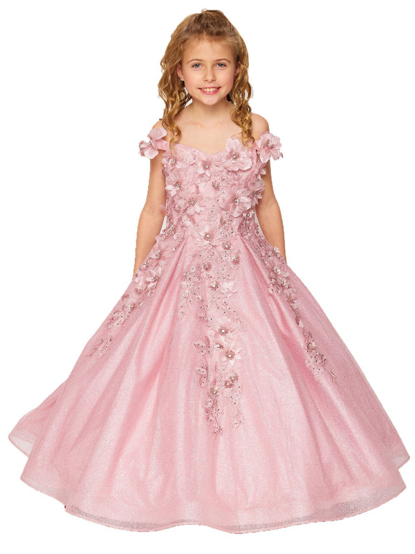Bliss Little Girls Dusty Rose 3D Floral Applique Off Shoulder Ball Gown 2-6 - SophiasStyle.com