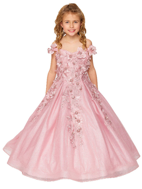 Bliss Big Girls Dusty Rose 3D Floral Applique Off Shoulder Ball Gown 8-16 - SophiasStyle.com