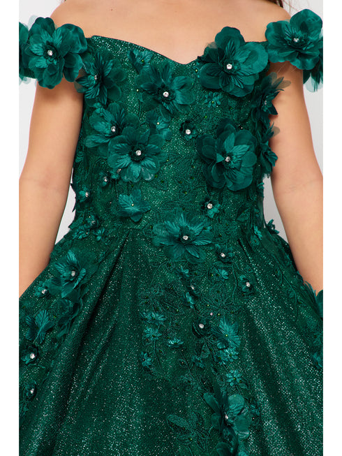 Bliss Big Girls Hunter Green 3D Floral Applique Off Shoulder Ball Gown 8-16 - SophiasStyle.com