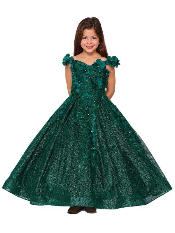 Bliss Big Girls Hunter Green 3D Floral Applique Off Shoulder Ball Gown 8-16 - SophiasStyle.com