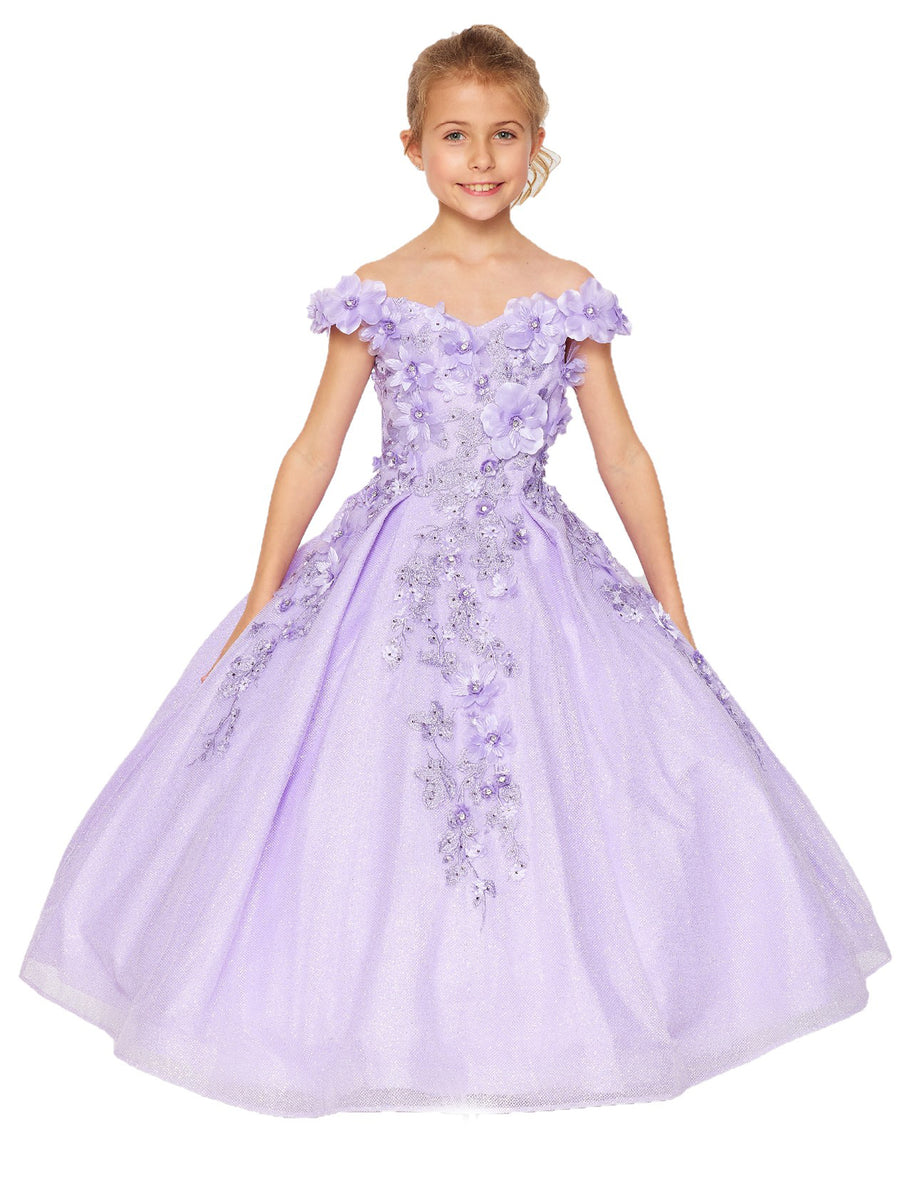 Bliss Big Girls Lilac 3D Floral Applique Off Shoulder Ball Gown 8 16