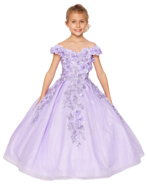 Bliss Big Girls Lilac 3D Floral Applique Off Shoulder Ball Gown 8-16 - SophiasStyle.com