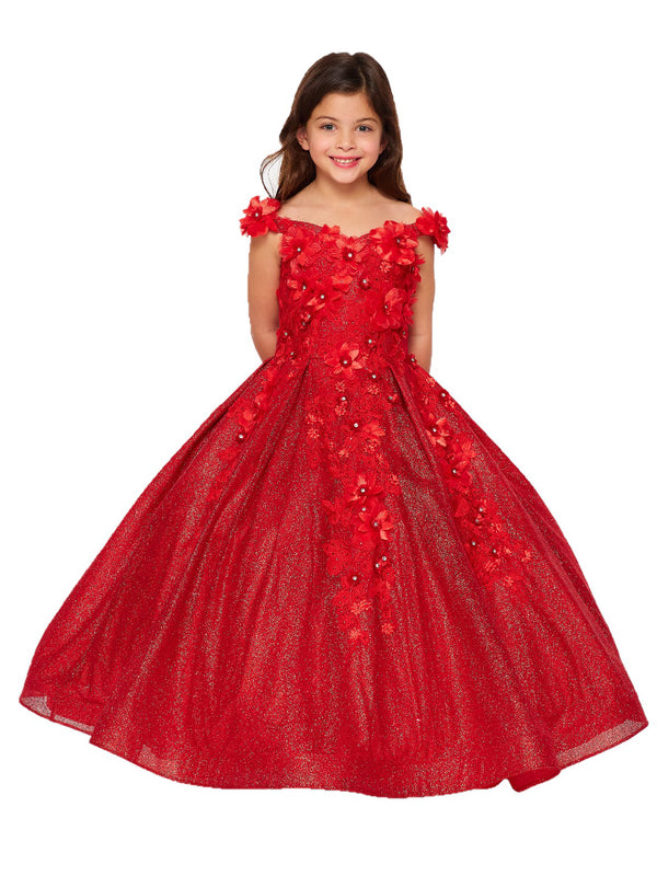 Bliss Big Girls Red 3D Floral Applique Off Shoulder Ball Gown 8-16 - SophiasStyle.com