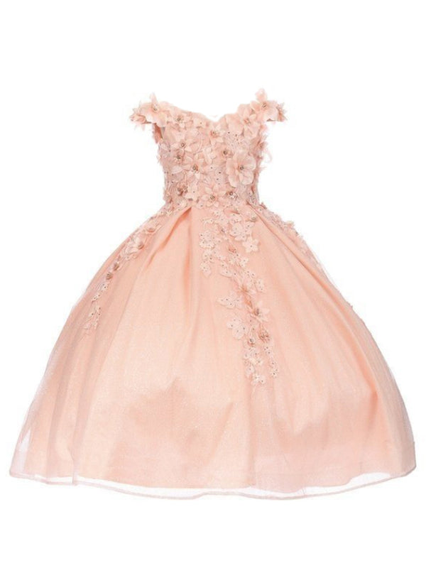 Bliss Big Girls Blush 3D Floral Applique Off Shoulder Ball Gown 8-16 - SophiasStyle.com