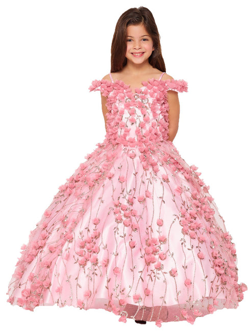Bliss Little Girls Dusty Rose Off Shoulder 3D Floral Applique Ball Gown 2-6 - SophiasStyle.com