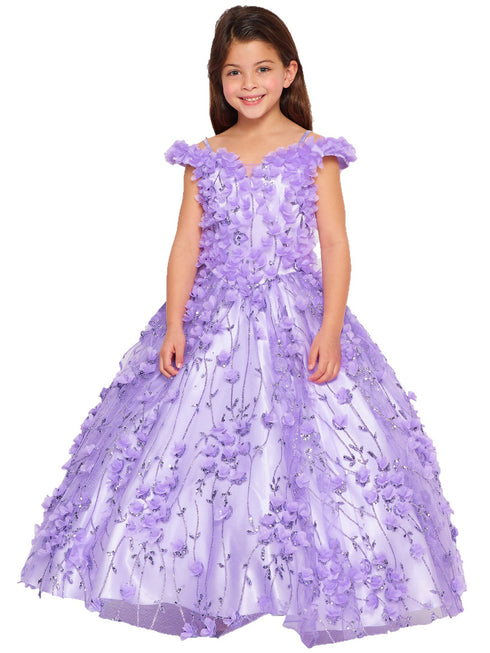 Bliss Big Girls Lilac Off Shoulder 3D Floral Applique Ball Gown 8-16 - SophiasStyle.com