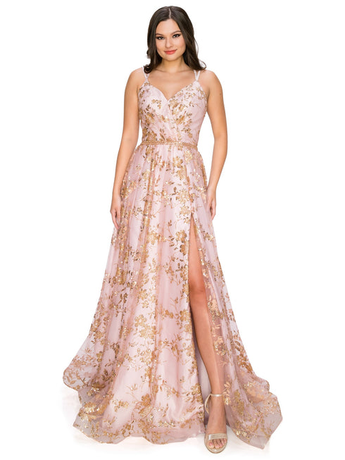 BLISS by Cinderella Couture Open Back Glitter Juniors Dress with Sequin Beaded Waistline, Sizes XS-3XL - SophiasStyle.com