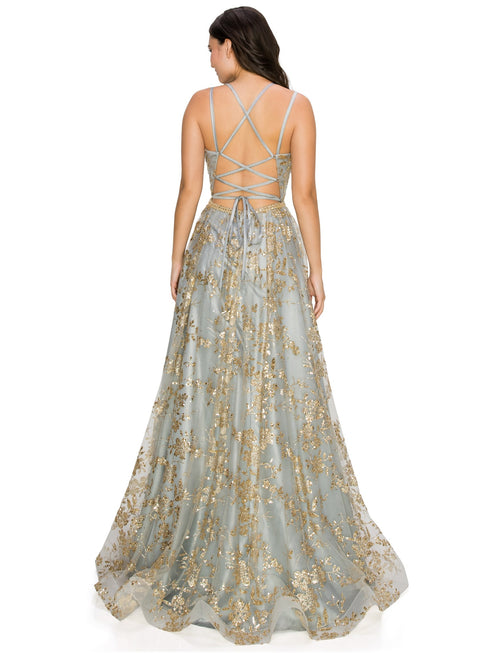 BLISS by Cinderella Couture Open Back Glitter Juniors Dress with Sequin Beaded Waistline, Sizes XS-3XL - SophiasStyle.com