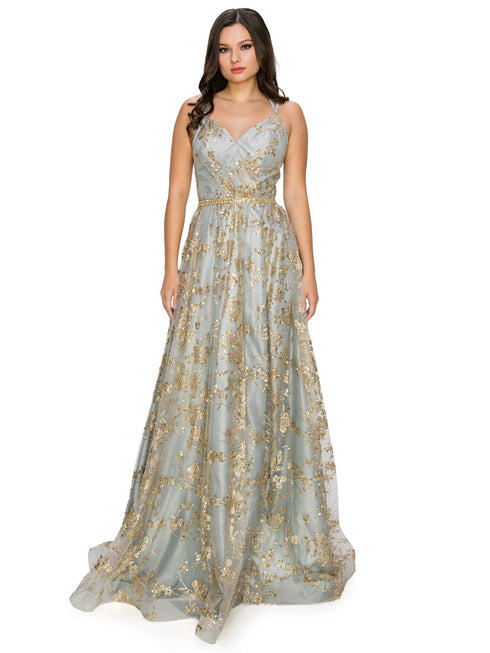 BLISS by Cinderella Couture Open Back Glitter Juniors Dress with Sequin Beaded Waistline, Sizes XS-3XL - SophiasStyle.com