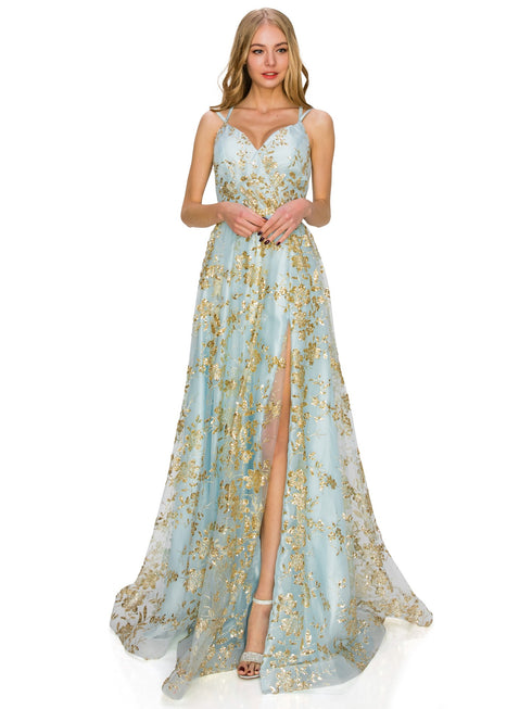 BLISS by Cinderella Couture Open Back Glitter Juniors Dress with Sequin Beaded Waistline, Sizes XS-3XL - SophiasStyle.com