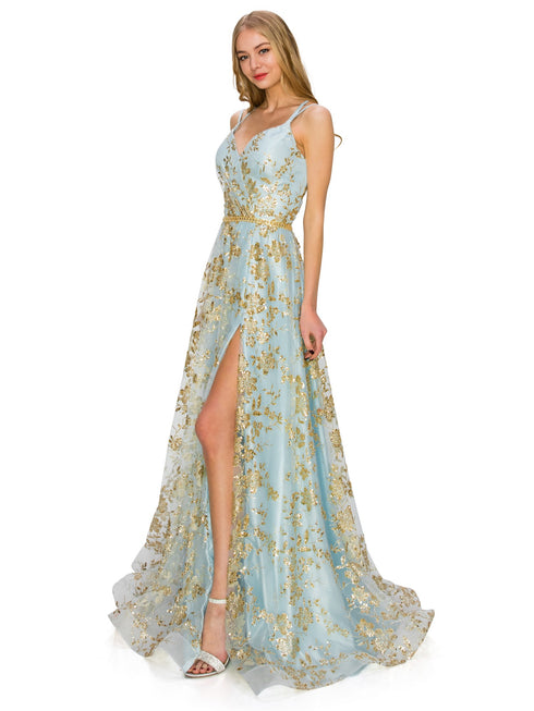 BLISS by Cinderella Couture Open Back Glitter Juniors Dress with Sequin Beaded Waistline, Sizes XS-3XL - SophiasStyle.com